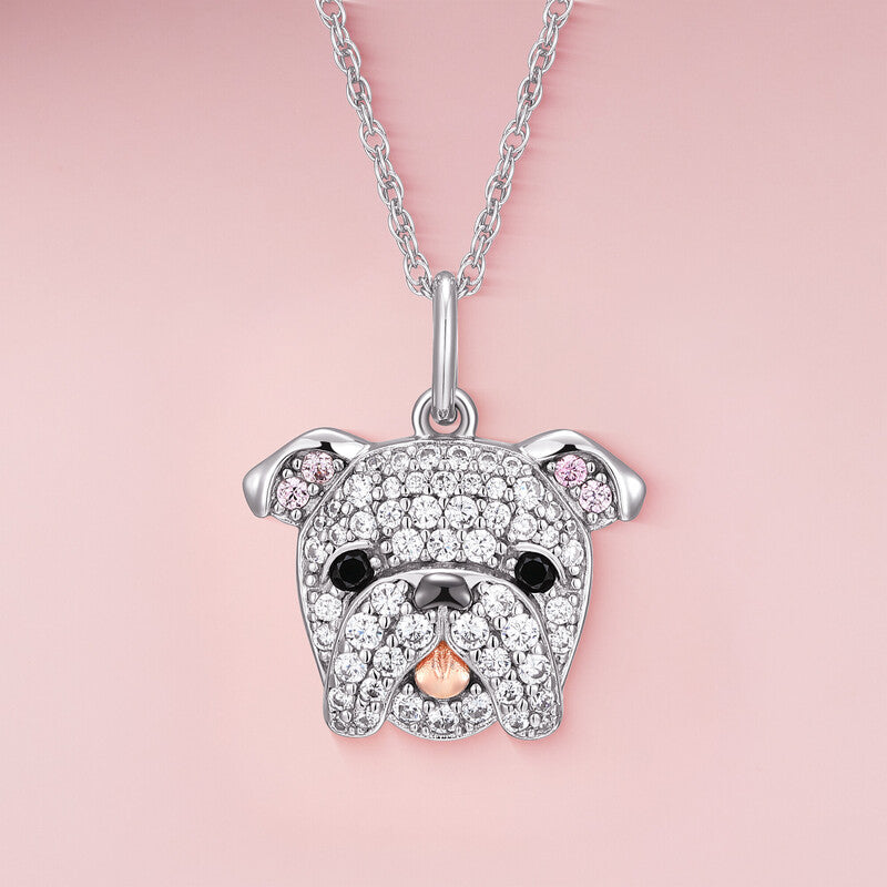 English Bulldog Face Sterling Silver Pendant Necklace