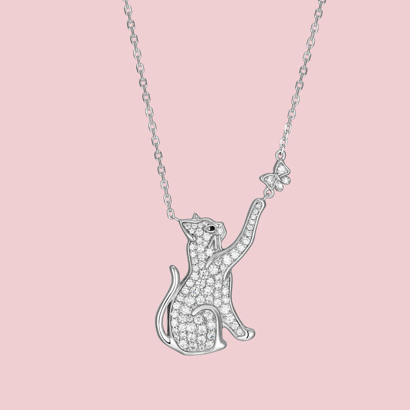 Butterfly Cat Sterling Silver Pendant Necklace