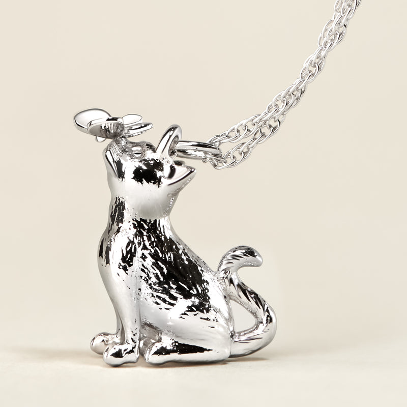 Cat And Butterfly Sterling Silver Pendant Necklace