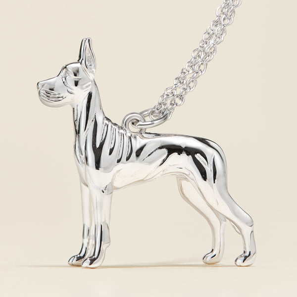 Sterling Silver Great Dane Natural Ears Head Necklace at Animalden